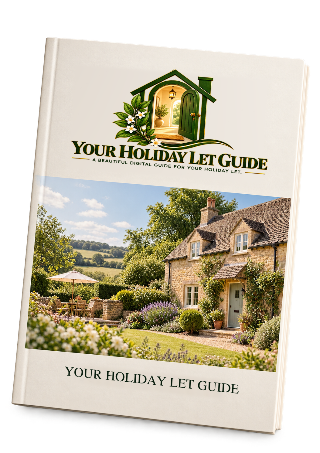 Illustrative optional printed Holiday Let Guide with a personalised British holiday-cottage cover